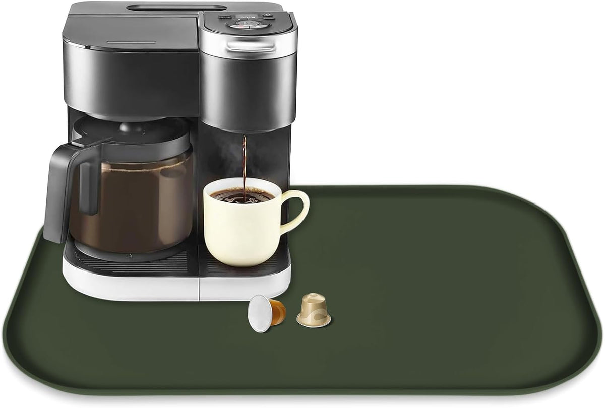 Silicone Coffee Maker Mat with Lip, 24'' x 16'' Heavy Duty Coffee Maker Mat for Countertops, Coffee Tray Fit Under Coffee Machine Appliance Automatic Machines Espresso Accessory, Dark Olive