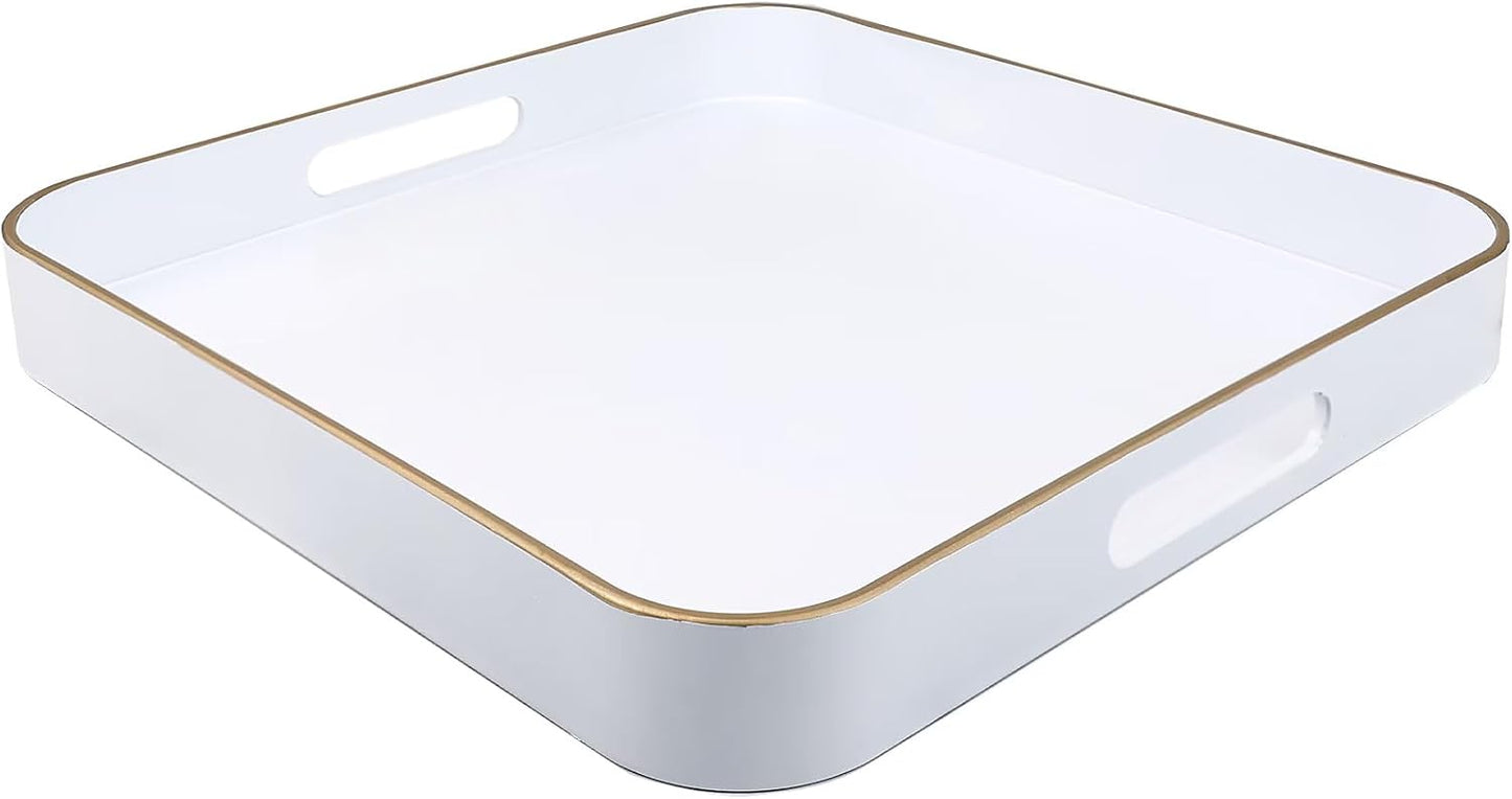 White Square Decorative Tray with Handles, 13"*13" Versatile Serving Tray for Coffee Table, Ottoman,