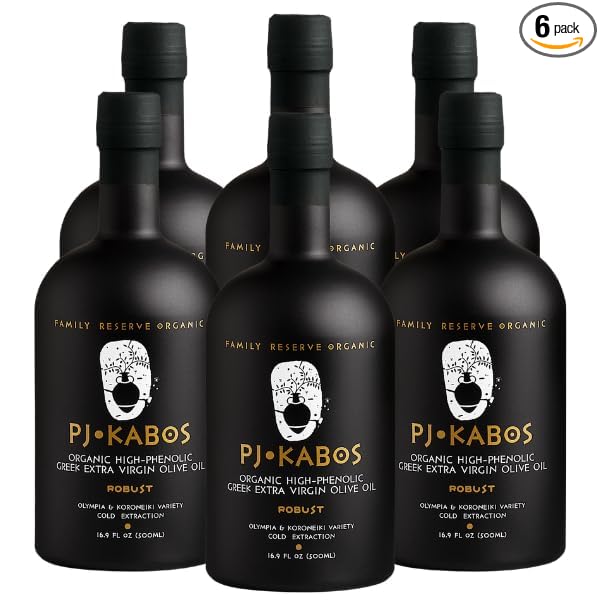 PJ KABOS 2025/26 Fresh Harvest, Very High Phenolic (699 mg/kg), USDA Organic Greek Extra Virgin Olive Oil, Kosher, Greece, Cold Extracted, 16.9oz Bottle, Family Reserve Organic - Robust, (6-Pack)