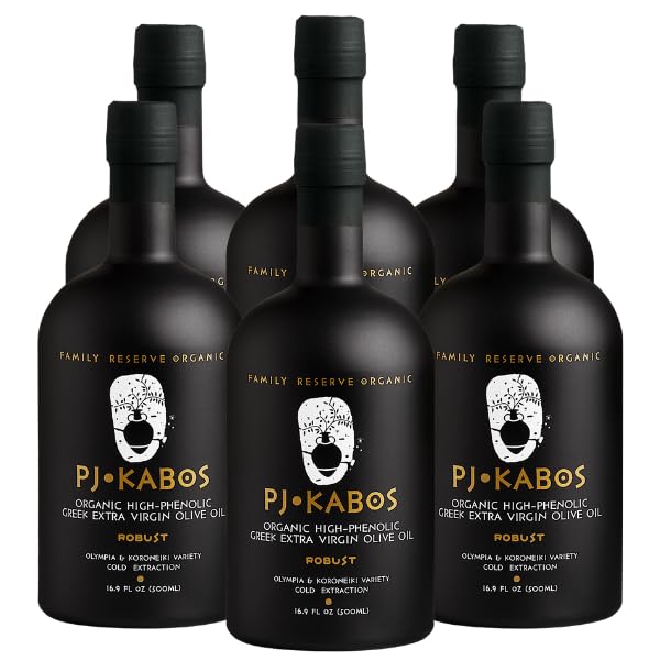 PJ KABOS 2025/26 Fresh Harvest, Very High Phenolic (699 mg/kg), USDA Organic Greek Extra Virgin Olive Oil, Kosher, Greece, Cold Extracted, 16.9oz Bottle, Family Reserve Organic - Robust, (6-Pack)