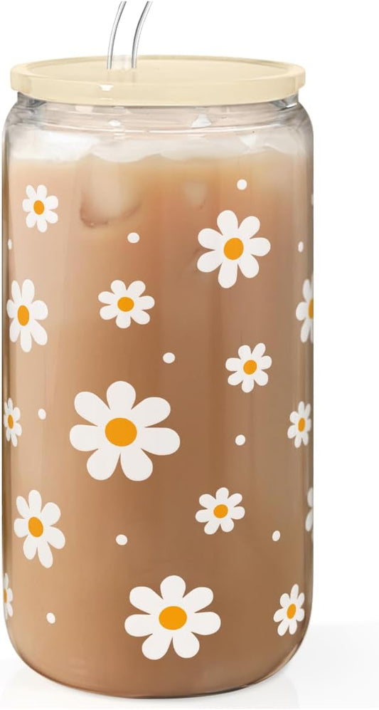 Daisy 16 Oz Can Glass Tumbler with Acrylic Lid and Straw - Iced Coffee Cups for Women, Aesthetic Glass Cup Gift for Birthday