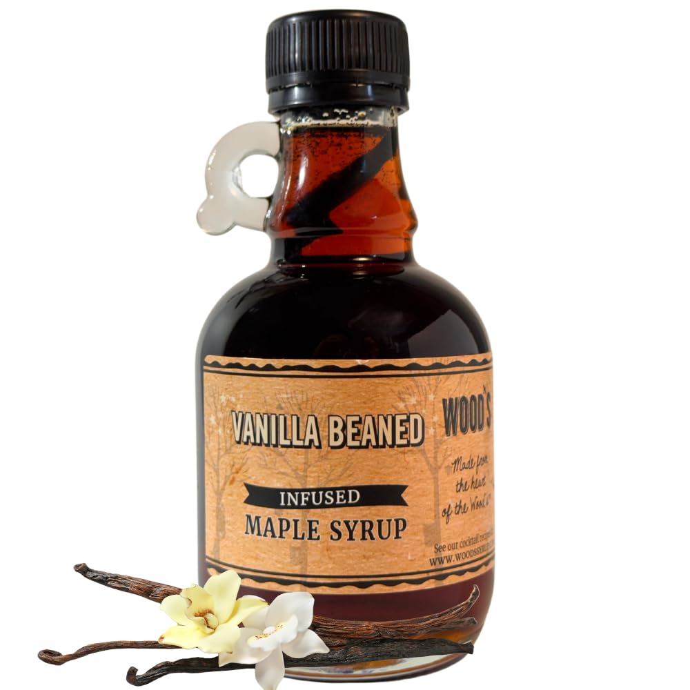 WOOD'S Vanilla Beaned Maple Syrup – Infused Vermont Maple Syrup with Real Vanilla Bean Pod | Smooth, Rich, All-Natural &amp; Vegan Sweetener | Perfect for Breakfast, Baking, Seafood, Popcorn &amp; More | 8.45 Fl Oz (250mL)