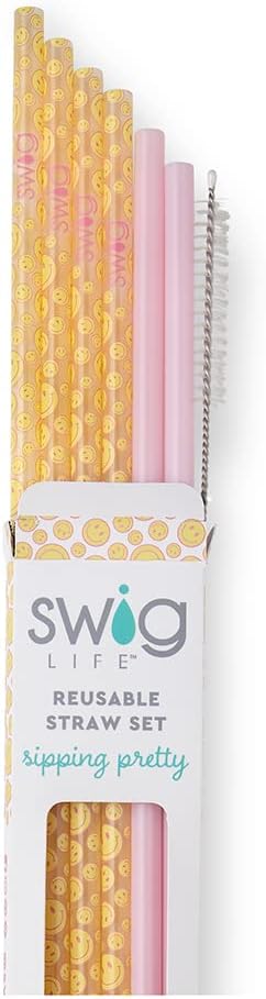 Swig Life Reusable Straw Set with Cleaning Brush, Oh Happy Day + Pink | Reusable Straw Set - Cleaning Brush Included - 14 Inch Long - Accessories for Cups &amp; Mugs