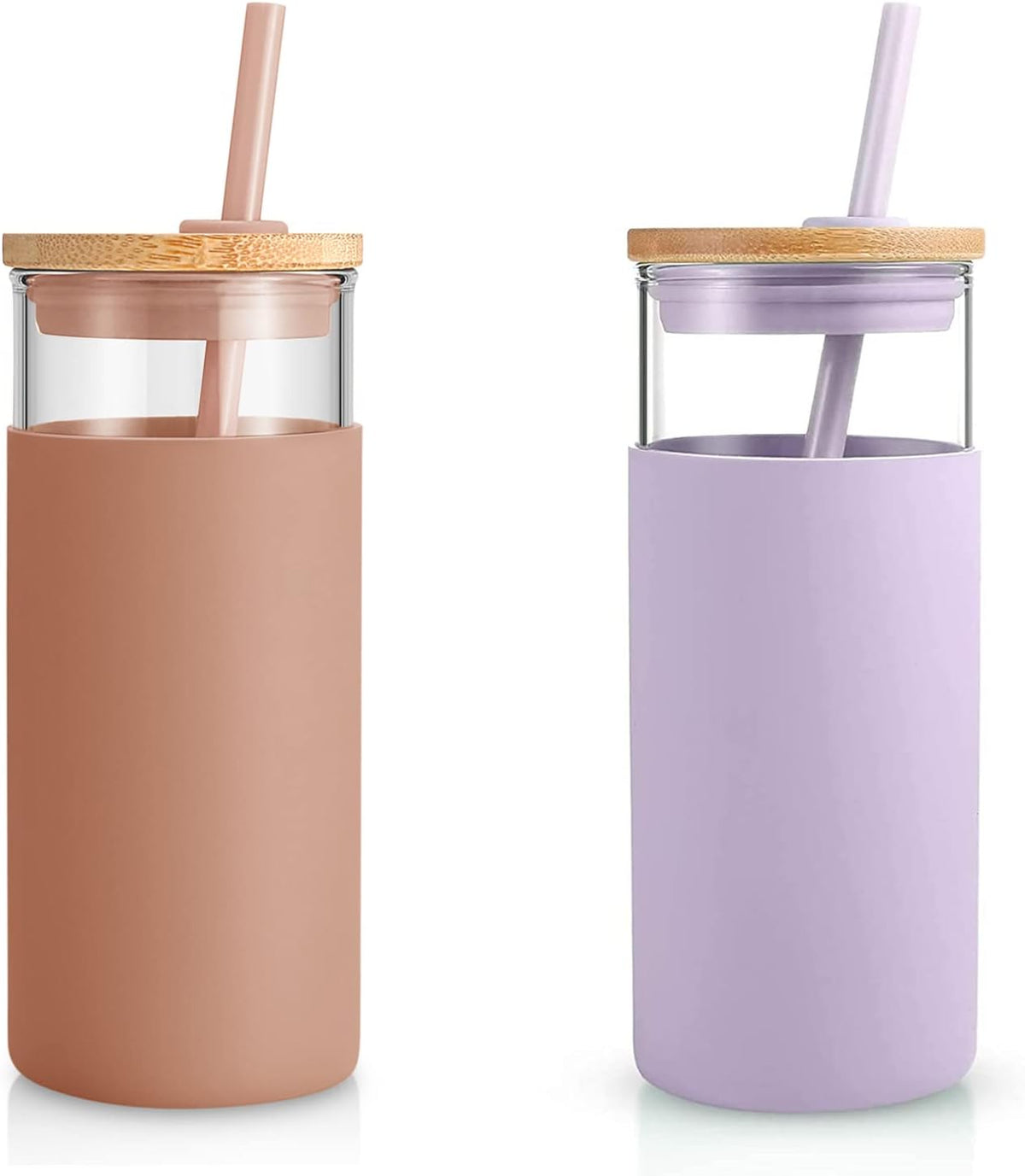 Tronco 20 oz Glass Tumbler with Lids and Straws, Reusable Iced Coffee Cups | Borosilicate Glass Cups with Bamboo Lid, Silicone Sleeve, Dishwasher Safe, Cup Holder Friendly, Iced Coffee Tumbler, 2 Pcak