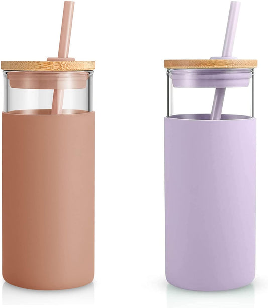 Tronco 20 oz Glass Tumbler with Lids and Straws, Reusable Iced Coffee Cups | Borosilicate Glass Cups with Bamboo Lid, Silicone Sleeve, Dishwasher Safe, Cup Holder Friendly, Iced Coffee Tumbler, 2 Pcak