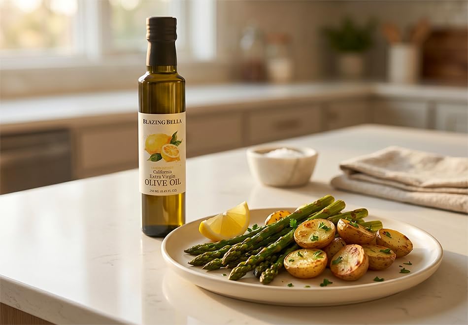 Blazing Bella Lemon Infused Extra Virgin Olive Oil – Bright Meyer Lemon Flavor, Cold Pressed California Olive Oil, Perfect for Salads, Seafood, and Finishing – 8.45 fl oz (250ml)