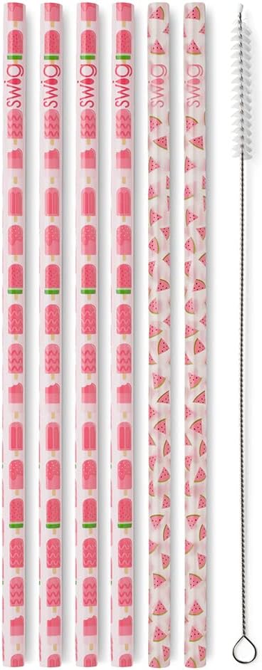 Swig Life Reusable Straws Melon Pop + Watermelon Tall Straw Set & Cleaning Brush, Each Straw is 10.25 inch Long (Fits Swig