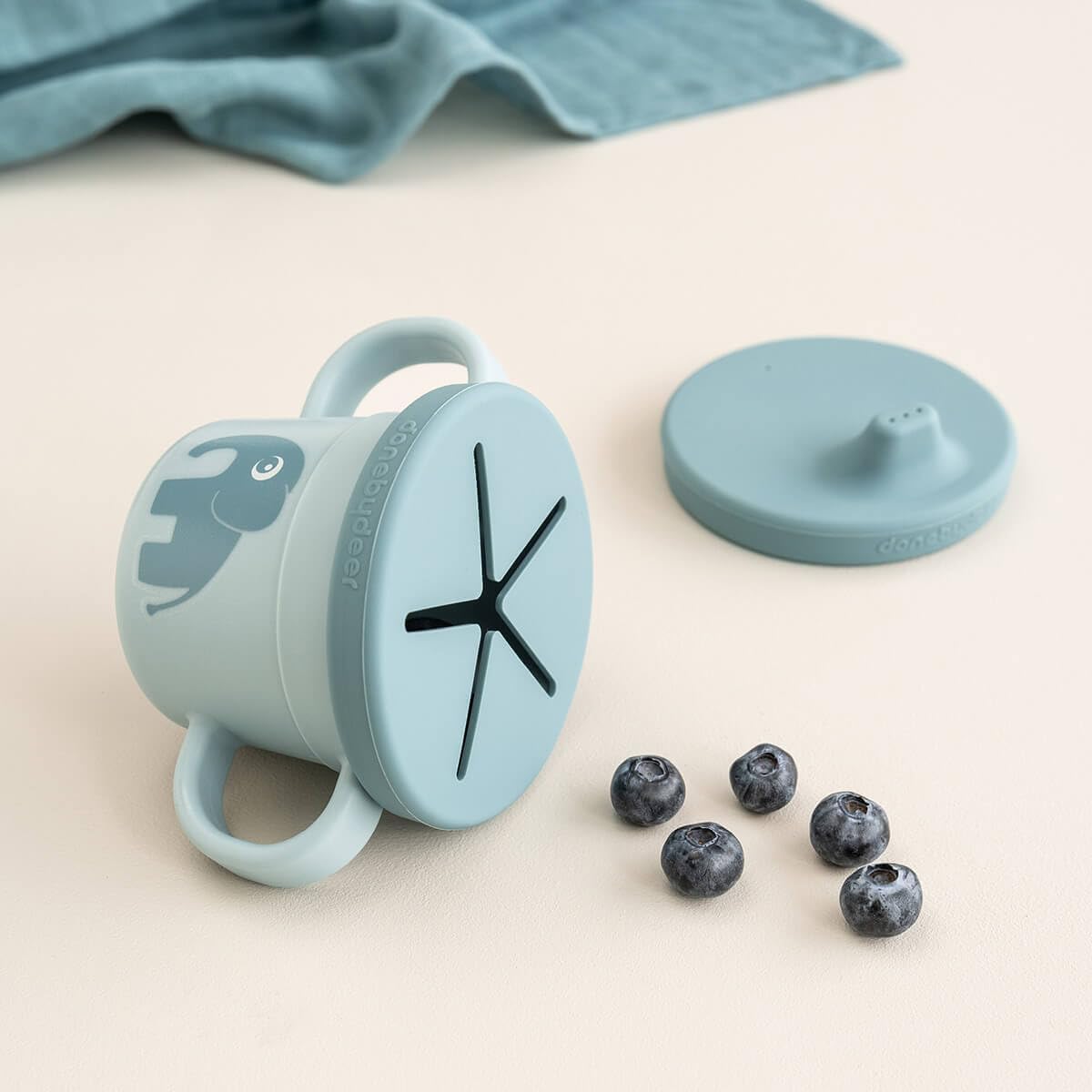 Done by Deer Elphee Blue Snack & Sippy Cup – Spill-Proof Toddler Cup with Soft Spout, Easy-Grip Handles, and Snap-On Lid – Perfect for 6-Month-Olds