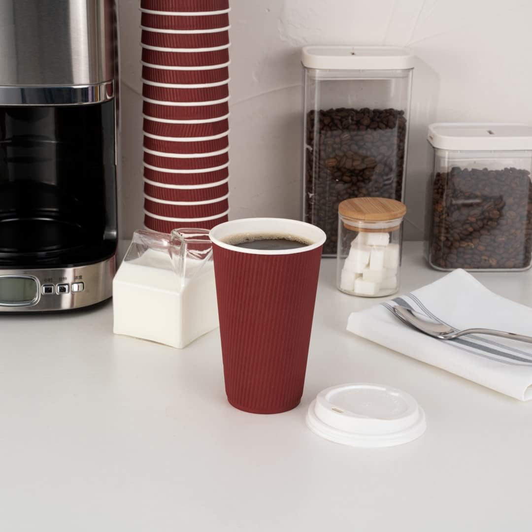 Restaurantware Ripple Wall Coffee Cups 500 Count 16 Ounce Insulated Crimson Paper Cups, Rolled Rim Spill-Resistant Disposable Paper Non-Slip for Coffee, Beverages