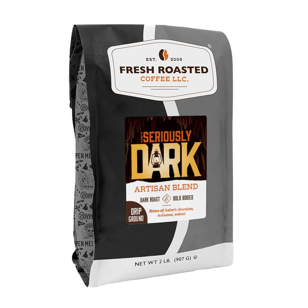 Fresh Roasted Coffee, Seriously Dark Artisan Blend Drip Ground Coffee, Dark Roast, Kosher, 2 lb (32 oz)