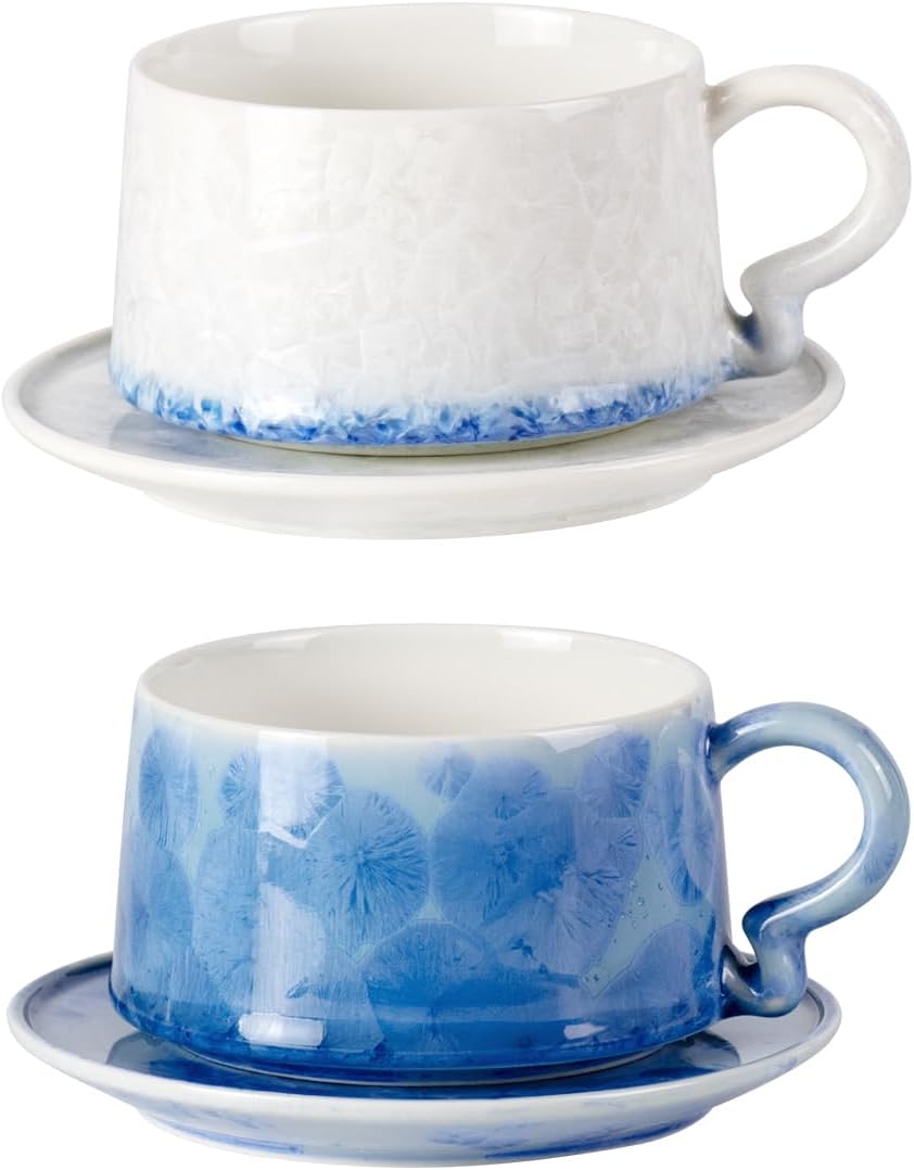 KAMMAK Tea Cups and Saucers set of 2, Porcelain Coffee Cups, 7.5oz Crystalline Glaze Espresso Mugs, Ceramic Demitasse for Coffee, Cappuccino, Latte, Americano, Tea (Dark Blue and White Blue)