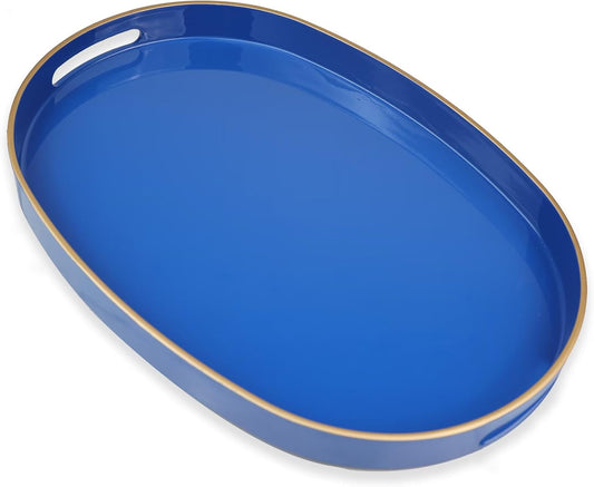 Royal Blue Oval Decorative Tray with Handles, Versatile Serving Tray for Coffee Table, Ottoman, Ideal for Serving,