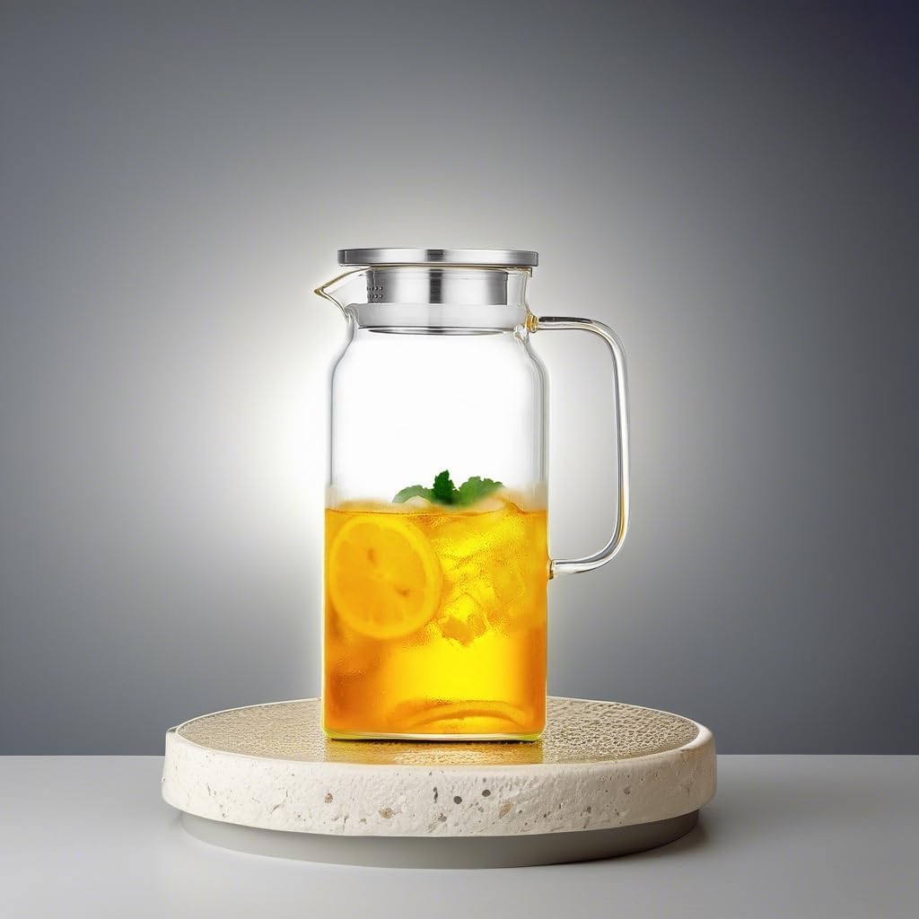 42OZ Glass Pitcher with Lid and Spout, Water Jug, 1250ml Carafe for Hot/Cold Water, Large Iced Tea Pitcher for Coffee, Juice and Homemade Beverage