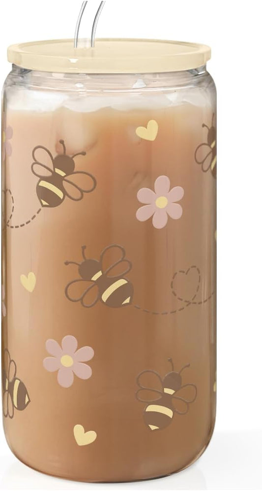 Bee 16oz Can Glass Tumbler with Acrylic Lid & Straw - Iced Coffee Cup for Women Girls, Aesthetic Cups Gifts for Birthday