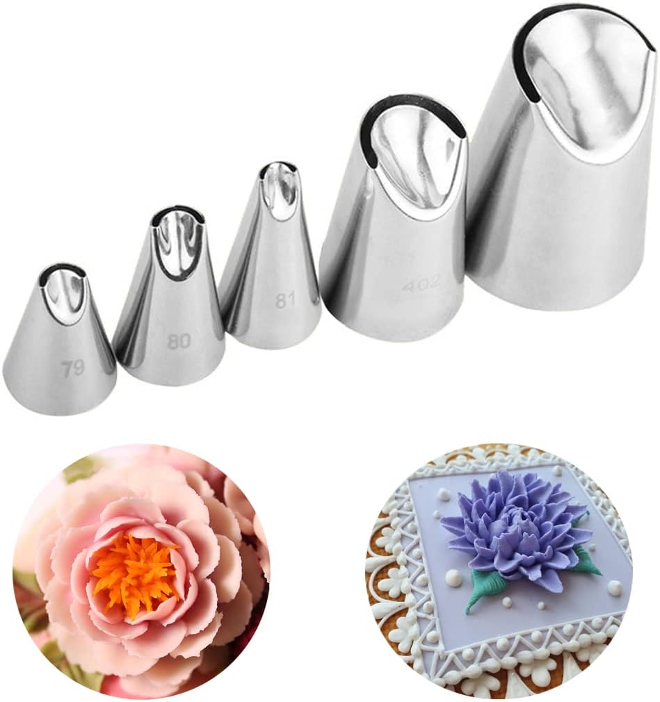 Chrysanthemum Pastry Tips,Rose Flower Piping Tips Set,Tulip Frosting Tips Buttercream Decoration,Icing Piping Pastry Nozzles for Cake Cupcake Decorating,5 Pcs