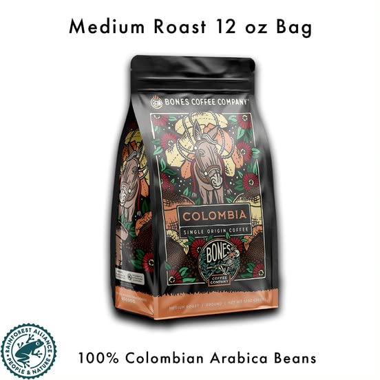 Bones Coffee Company Colombia Single-Origin Coffee, Almonds, Dried Fruit, Vanilla Notes, Flavored Ground Coffee, Medium Roast Low Acid Arabica Beans for Coffee Maker, 12 oz Ground