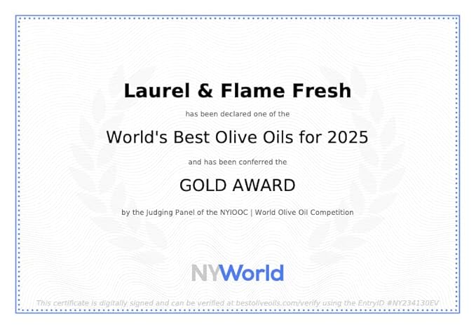 Laurel & Flame Fresh - Extra Virgin Olive Oil - "Best Greek Olive Oil" Award - Cold Pressed - Polyphenol Rich (1,212 MG/KG) - USDA-Organic - 90X Hydroxytyrosol Polyphenols - Early Harvest - Single Origin - Rare Local Olive Variety - 500 ml (16.9 fl oz)