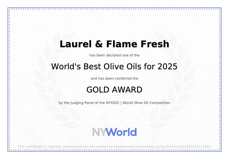 Laurel &amp; Flame Fresh - Extra Virgin Olive Oil - "Best Greek Olive Oil" Award - Cold Pressed - Polyphenol Rich (1,212 MG/KG) - USDA-Organic - 90X Hydroxytyrosol Polyphenols - Early Harvest - Single Origin - Rare Local Olive Variety - 500 ml (16.9 fl oz