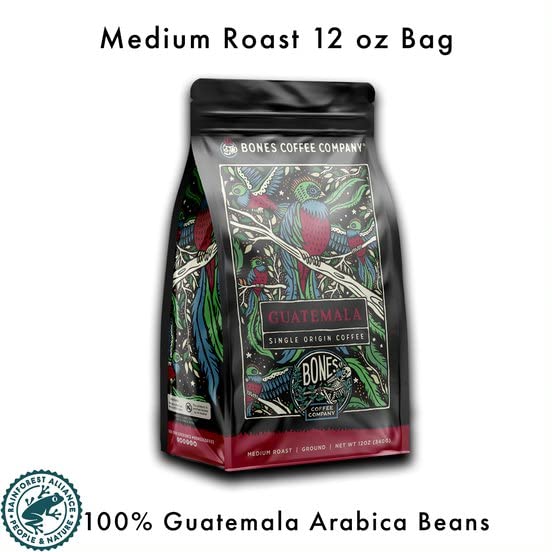 Bones Coffee Company Guatemala Single-Origin, Milk Chocolate, Citrus and Caramel Notes, Ground Coffee Beans, Low Acid Medium Roast Arabica Beans Flavored Coffee, 12 oz Ground