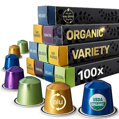 Organic Espresso Variety Pack for Nespresso Original Line Machines | 100 Aluminum Capsules | 3 Strong Espressos + 1 Smooth Lungo | Fairtrade Coffee Pods Compatible Only with Nespresso Original Machine