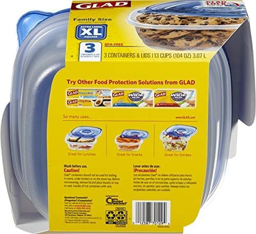 Glad Family Size Food Storage Containers, XL Square (104 Oz) - 3 Count, Standard