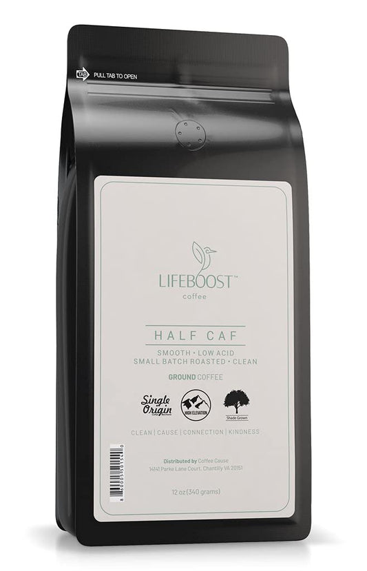Lifeboost Coffee Half Caff Ground Coffee - Low Acid Single Origin USDA Organic Coffee - Non-GMO Ground Coffee Third Party