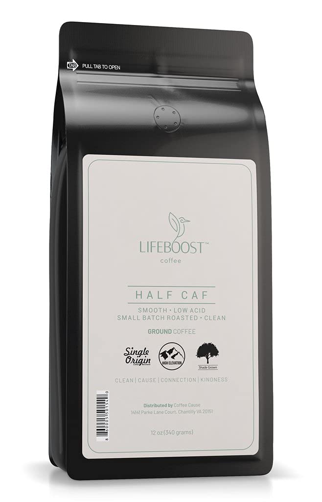Lifeboost Coffee Half Caff Ground Coffee - Low Acid Single Origin USDA Organic Coffee - Non-GMO Ground Coffee Third Party Tested For Mycotoxins &amp; Pesticides - 12 Ounces