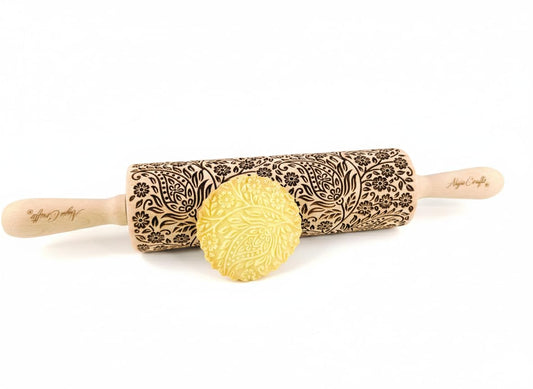 KASHMIR pattern Embossed Rolling Pin. Engraved Dough Roller with Paisley for Embossed Cookies and Pottery by Algis Crafts