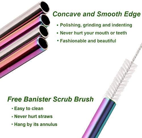 VEHHE Rainbow Metal Straws, Stainless Steel Reusable Straws Set with Brush | 4 Pack 10.5" Extra Long Design Fits Tall Tumblers | 304 Stainless Steel Build | (2 Straight | 2 Bent | 1 Brush)