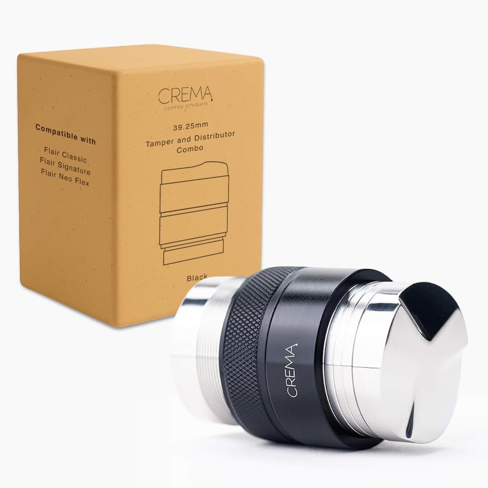 Crema Coffee Products 39.25mm Hand Tamper & Coffee Distributor V2 | Compatible with Breville Portafilters | Double-Sided, Adjustable Depth Tool | Made with Durable 304 Stainless Steel | Black