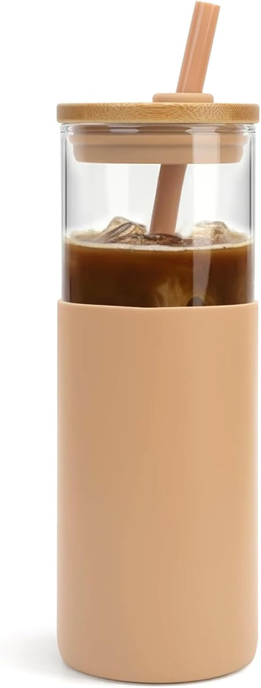 Tronco 24 oz Glass Tumbler with Lids and Straws, Reusable Iced Coffee Cups