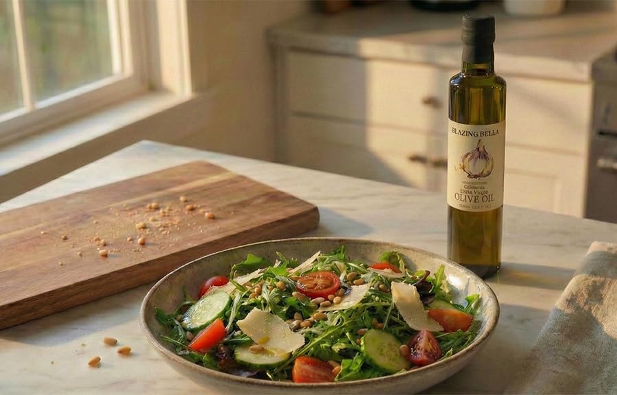 Blazing Bella Garlic Infused Extra Virgin Olive Oil - Rich Fresh Garlic Flavor, Cold Pressed California Olive Oil, Perfect for Pasta, Vegetables, Bread, and Everyday Cooking - 16.9 fl oz (500ml)