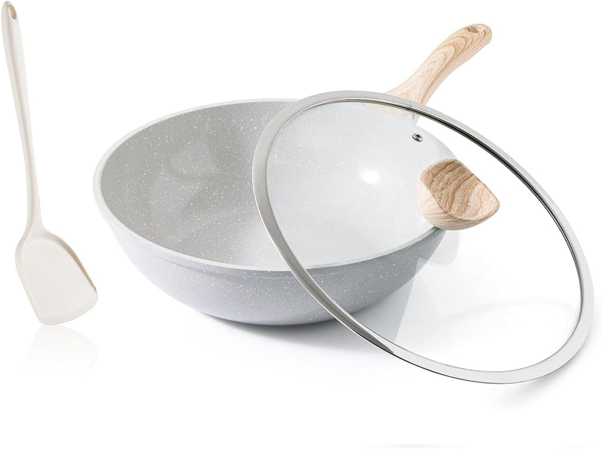 Ceramic Wok Pan, 12 Inch Nonstick Wok with Lid, Healthy Non Toxic Woks & Stir-fry Pans for Cooking, Induction Cookware, PFOA & PFAS Free