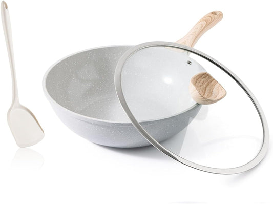 Ceramic Wok Pan, 12 Inch Nonstick Wok with Lid, Healthy Non Toxic Woks & Stir-fry Pans for Cooking, Induction Cookware, PFOA & PFAS Free