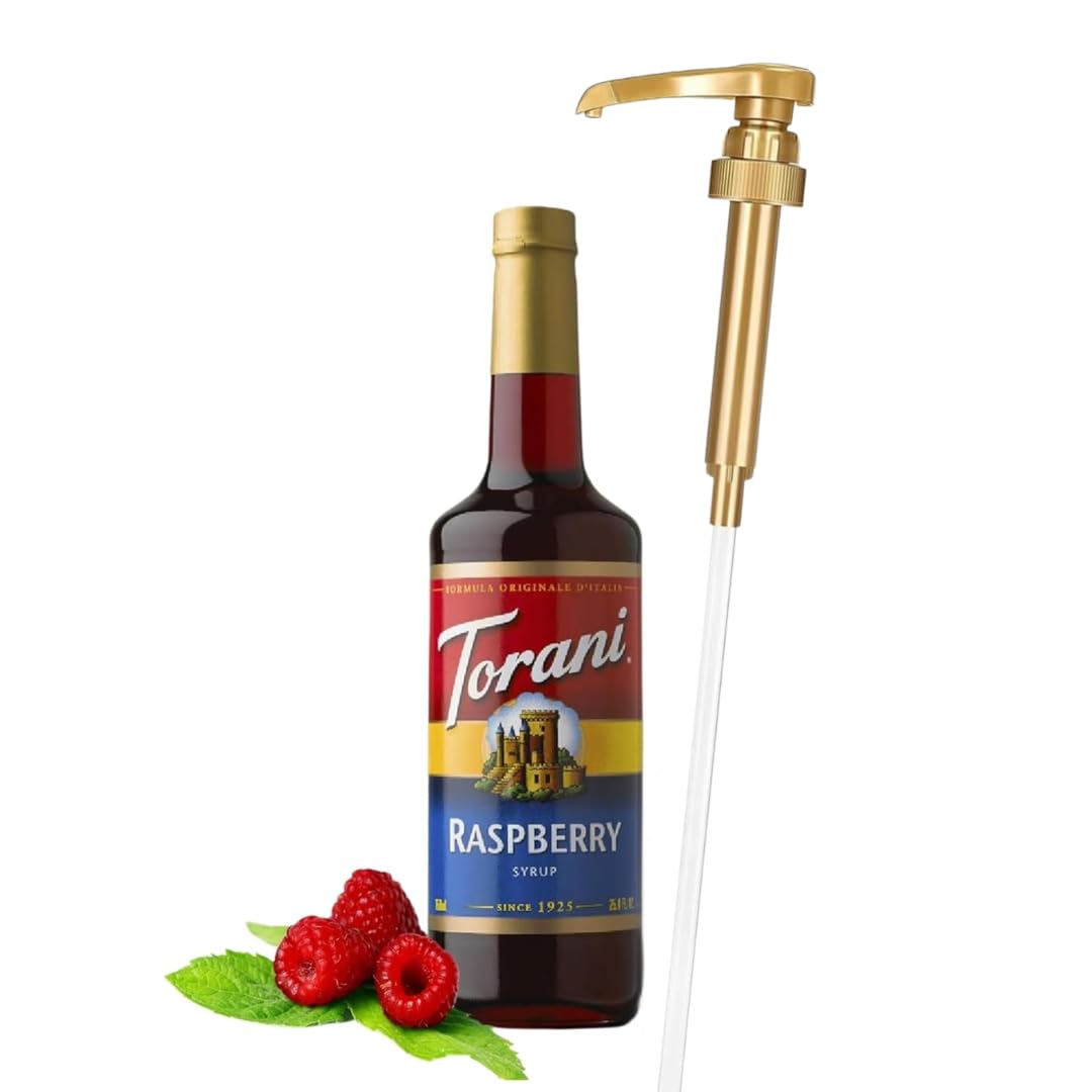 Jimoco® Syrup Pump Dispenser + Torani® Raspberry Syrup, 25.4 oz - Coffee Syrup Pump & Flavoring Bund