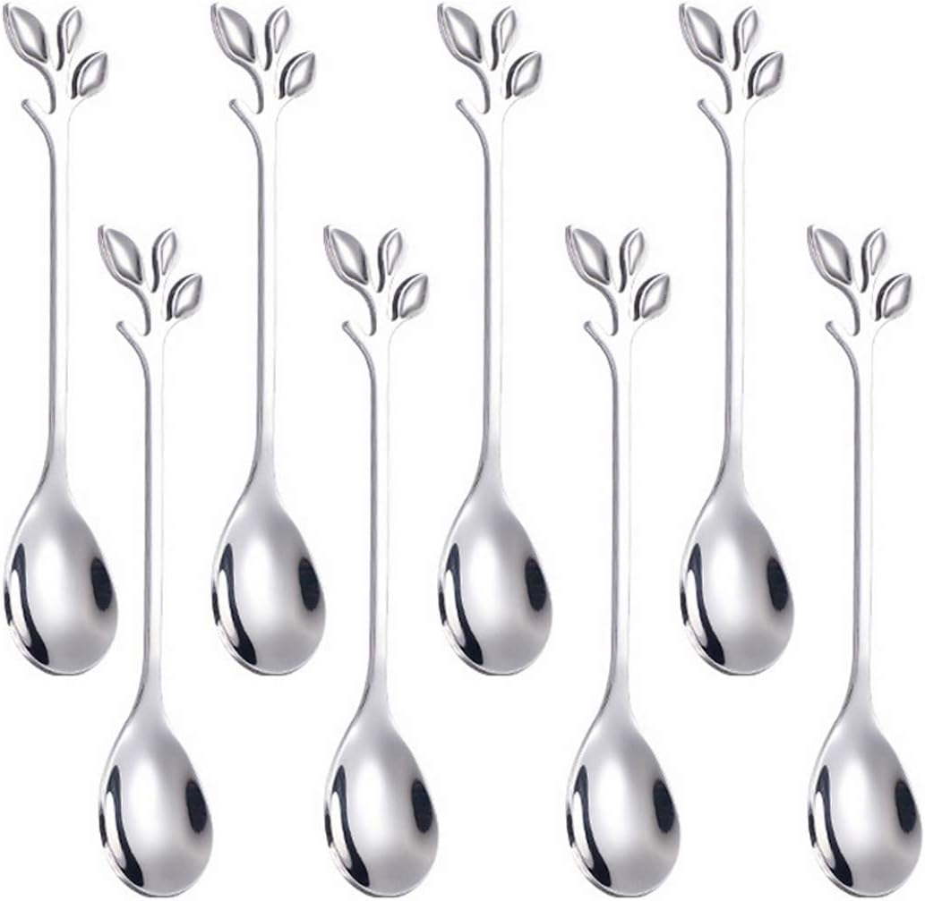 AnSaw 8-Pack Elegant Silver Leaf 4.7" Espresso Spoons - Stainless Steel, Perfect for Coffee, Demitas