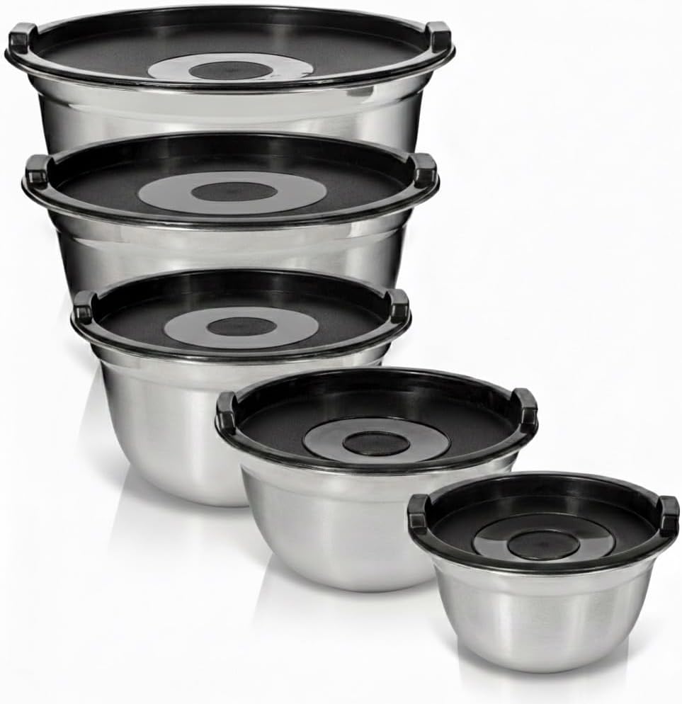 Stainless Steel Mixing Bowls with Lids, 5-Piece Nesting Set | Set includes 5, 3, 1.5, 1 &amp; .75 Quart Dishwasher Safe Metal Bowls for Kitchen, Meal Prep, Baking, Cooking, Storage
