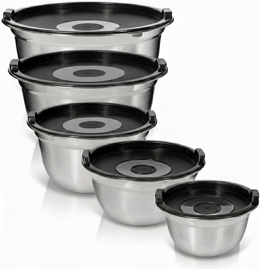 Stainless Steel Mixing Bowls with Lids, 5-Piece Nesting Set | Set includes 5, 3, 1.5, 1 &amp; .75 Quart Dishwasher Safe Metal Bowls for Kitchen, Meal Prep, Baking, Cooking, Storage