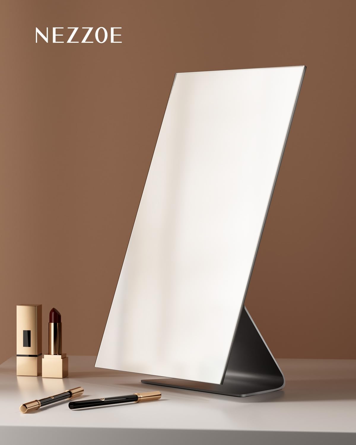 NEZZOE Rectangular Free-Standing Frameless Makeup Mirror, 12" x 7" | 1X Vanity Mirror with Adjustable Tilt, Metal Base, for Desk, Bathroom Countertop or Windowsill