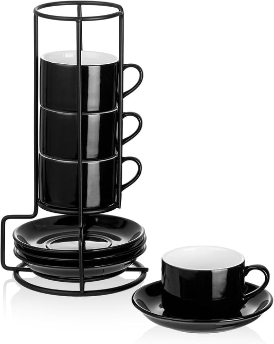 2.5oz Porcelain Stackable Espresso Cups with Saucers and Metal Stand Set of 4, Stackable Cappuccino Cups, Black Expresso