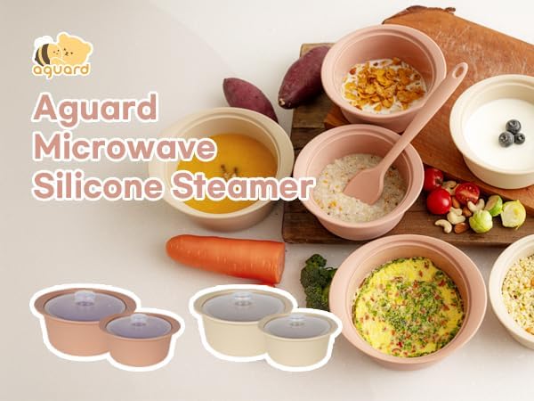Microwave Silicone Steamer for Baby Food, Made In Korea, Oven &amp; Dishwasher Safe to 482°F, Easy Clean, Microwave Pot with Handle &amp; Lid, 100% Food Grade Steamer Bowl (Creme Brulee, 27.1oz (800ml))