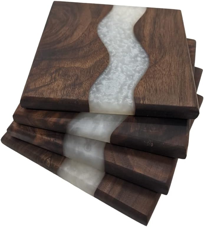 Generic Wood Coaster Set for Drinks | Handmade with Dark Walnut &amp; Natural Wood Sealant Finish for Water Resistance, Easy Cleaning &amp; No Stains | Epoxy Resin River (4 Pieces) (White)
