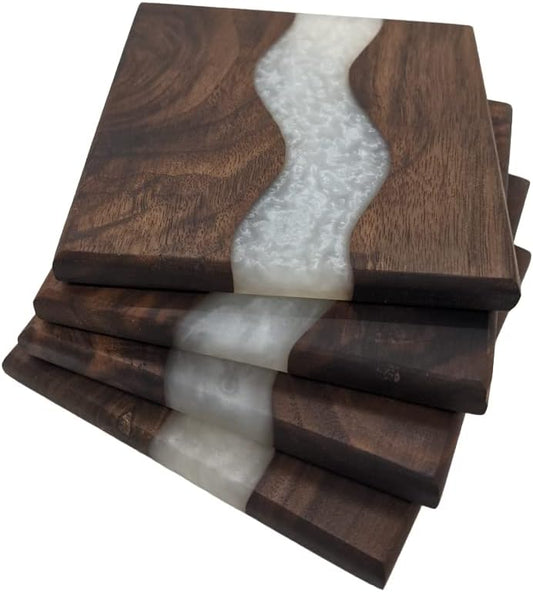 Generic Wood Coaster Set for Drinks | Handmade with Dark Walnut &amp; Natural Wood Sealant Finish for Water Resistance, Easy Cleaning &amp; No Stains | Epoxy Resin River (4 Pieces) (White)