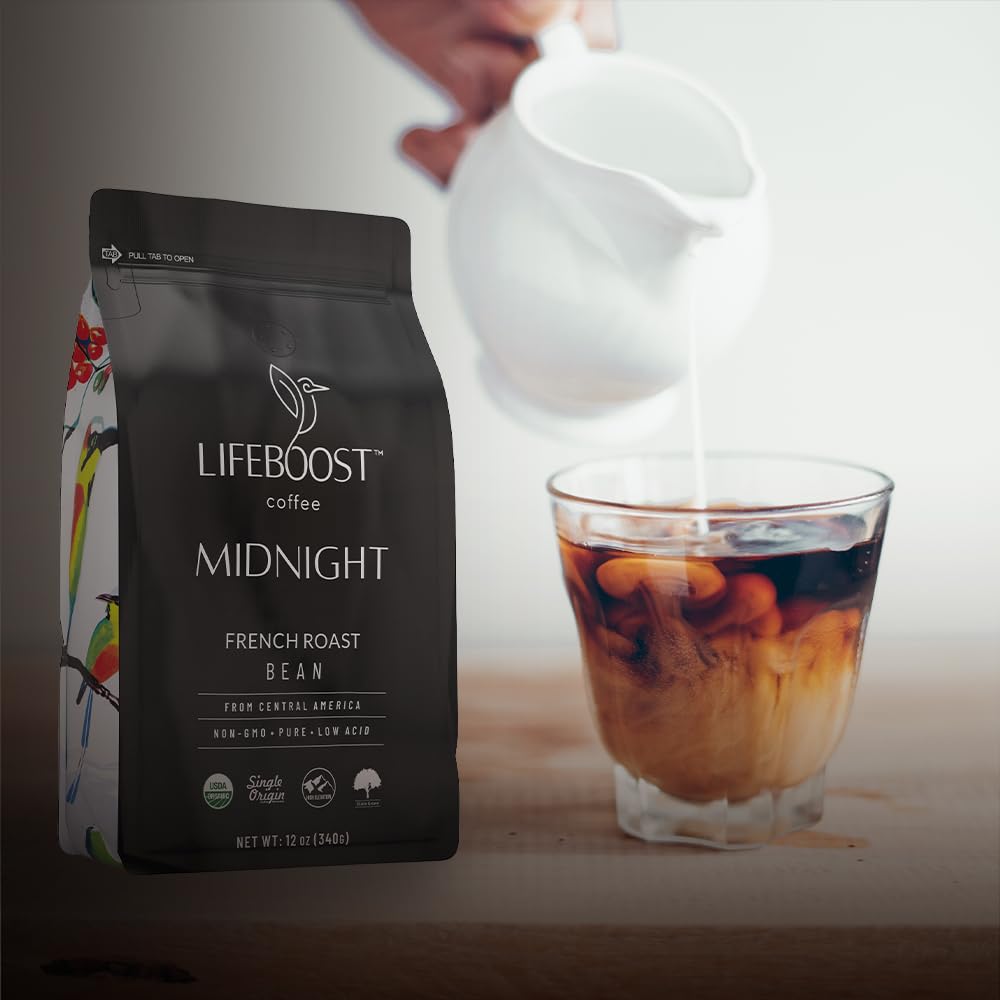 Lifeboost Midnight French Roast Coffee Beans - Single Origin Non-GMO USDA Organic Low Acid French Roast Coffee - Third Party Tested For Mycotoxins &amp; Pesticides - 12 Ounces