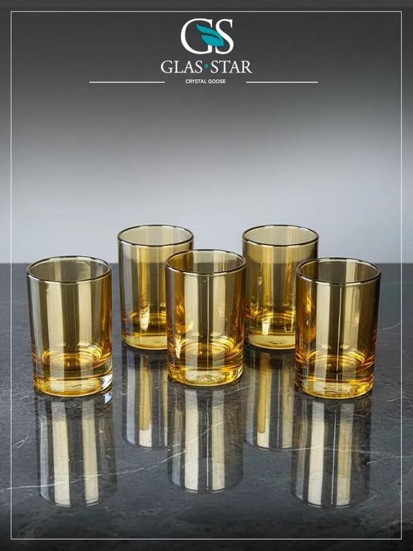 Honey Shot Glasses Set of 6 — 1.5 oz Amber Heavy Base Drinking Glass for Tequila, Vodka, Espresso — Elegant Barware Gift Pack