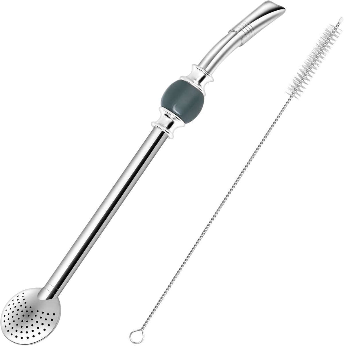 Reusable Bombilla Yerba Mate Straw - Stainless Steel Removable Spoon Style Filter with a Beautiful Bead - Metal Straw for Drinking Loose Leaf Tea - Includes Cleaning Brush(Light Grey)