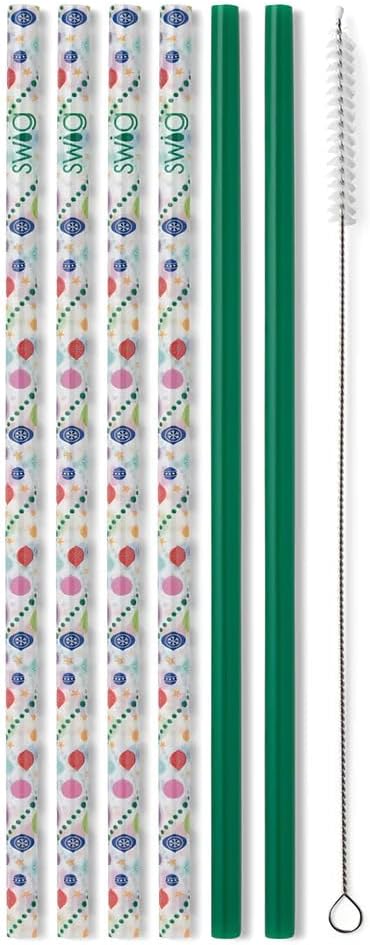 Swig Life Reusable Straws O Christmas Tree + Green Tall Straw Set & Cleaning Brush, Each Straw is 10.25 inch Long (Fits Swig