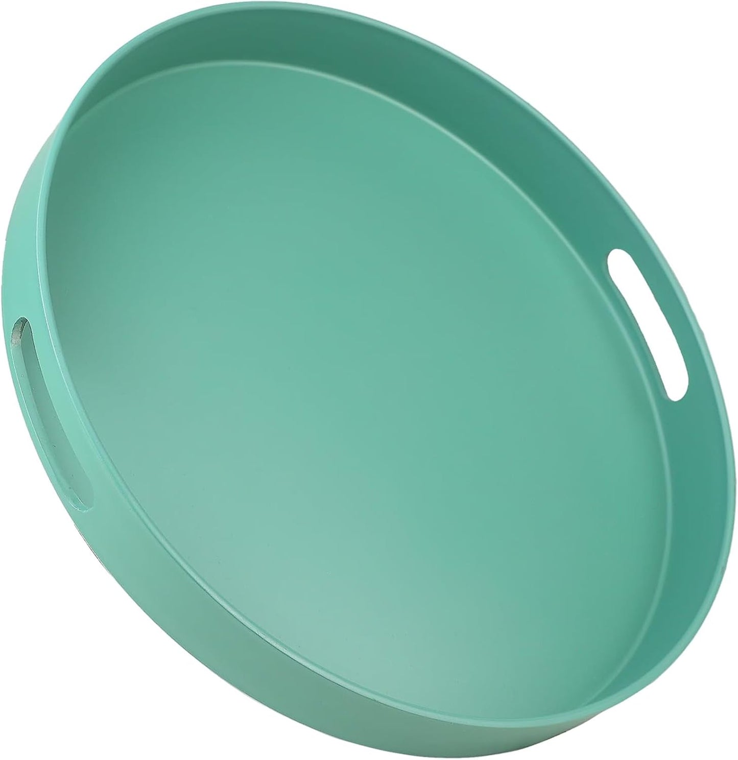 Round Green Decorative Serving Tray with Handles, 13” Versatile Ottoman Tray for Coffee Table, Enter