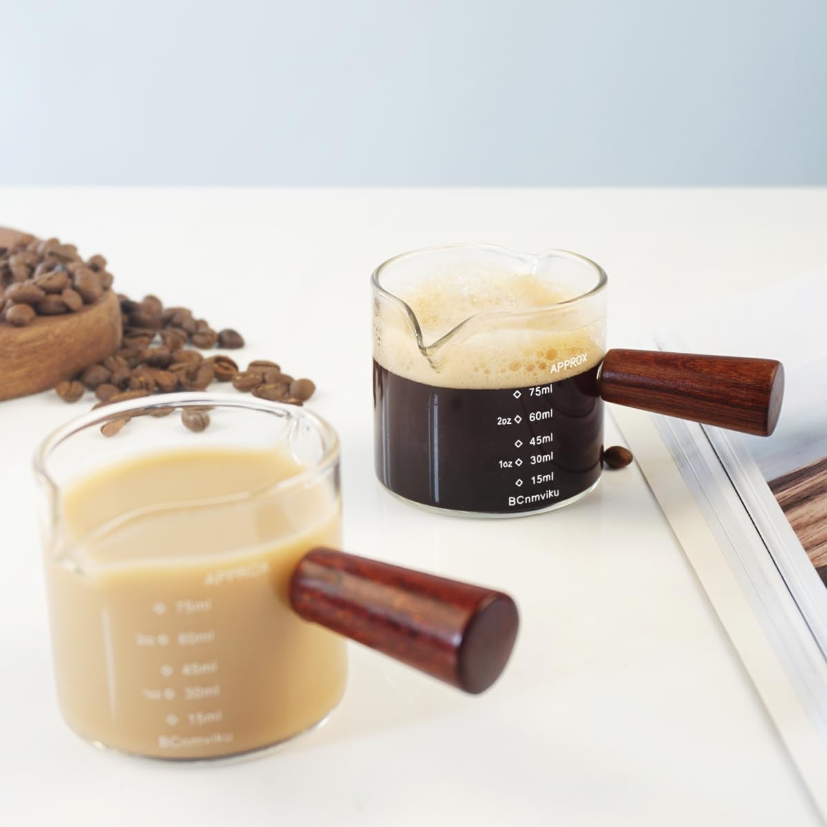 1 Pack Double Spouts Measuring Triple Pitcher Milk Cup with Wood Handle 75ML Espresso Shot Glasses Parts Clear Glass By BCnmviku