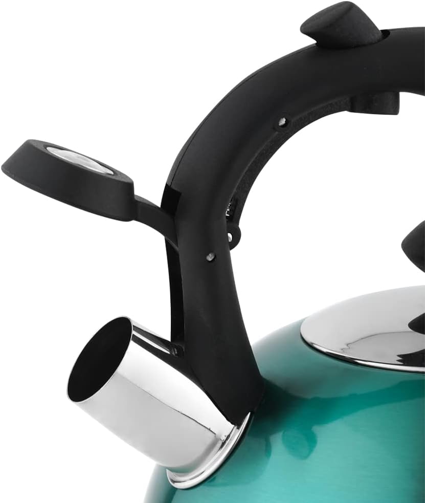 Amazon Basics Stainless Steel Tea Kettle, Hot Water Kettle with Whistle Spout, Fast Boiling, Ergonomic Handle, 2.4-Quart, Teal